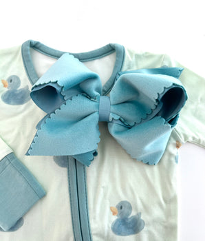 Wee Ones Limited Edition Fall Velvet Bows with Scalloped Edge, Nile Blue