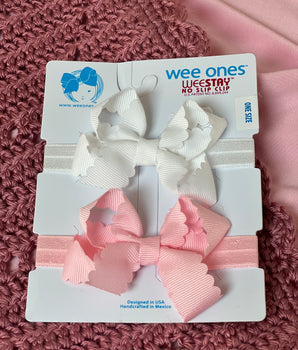 Wee Ones Scalloped Edge Baby Bows, White & Light Pink