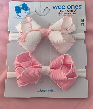 Wee Ones Moonstitch Baby Bows, White & Pearl Pink