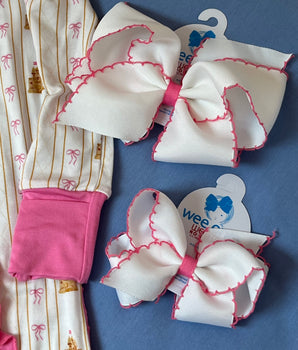 Wee Ones Moonstitch Hair Bows in White & Hot Pink