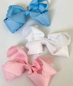 Wee Ones Medium Grosgrain Bow with Eyelet Flower, Nantucket Blue