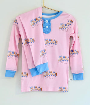 Long Sleeve 2-Piece Bamboo Pajamas in Conductor in Training in Nantucket Blue on Hamptons Pink